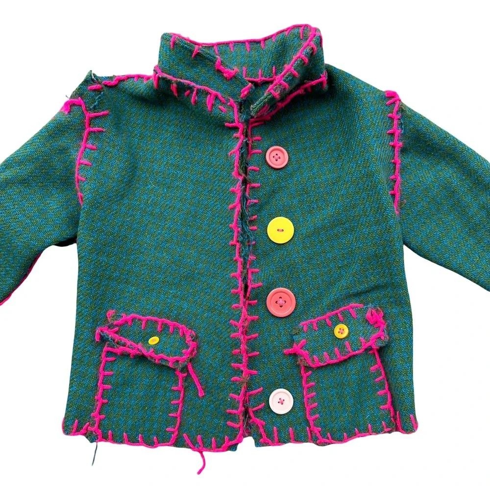 Harris Tweed Trench Coat Size 5 Green Pink Thrift Flip Virgin Wool Front Button